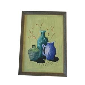 Mid 20th Century Painting Oil On Board Still Life “Three Jugs” Artist Signed